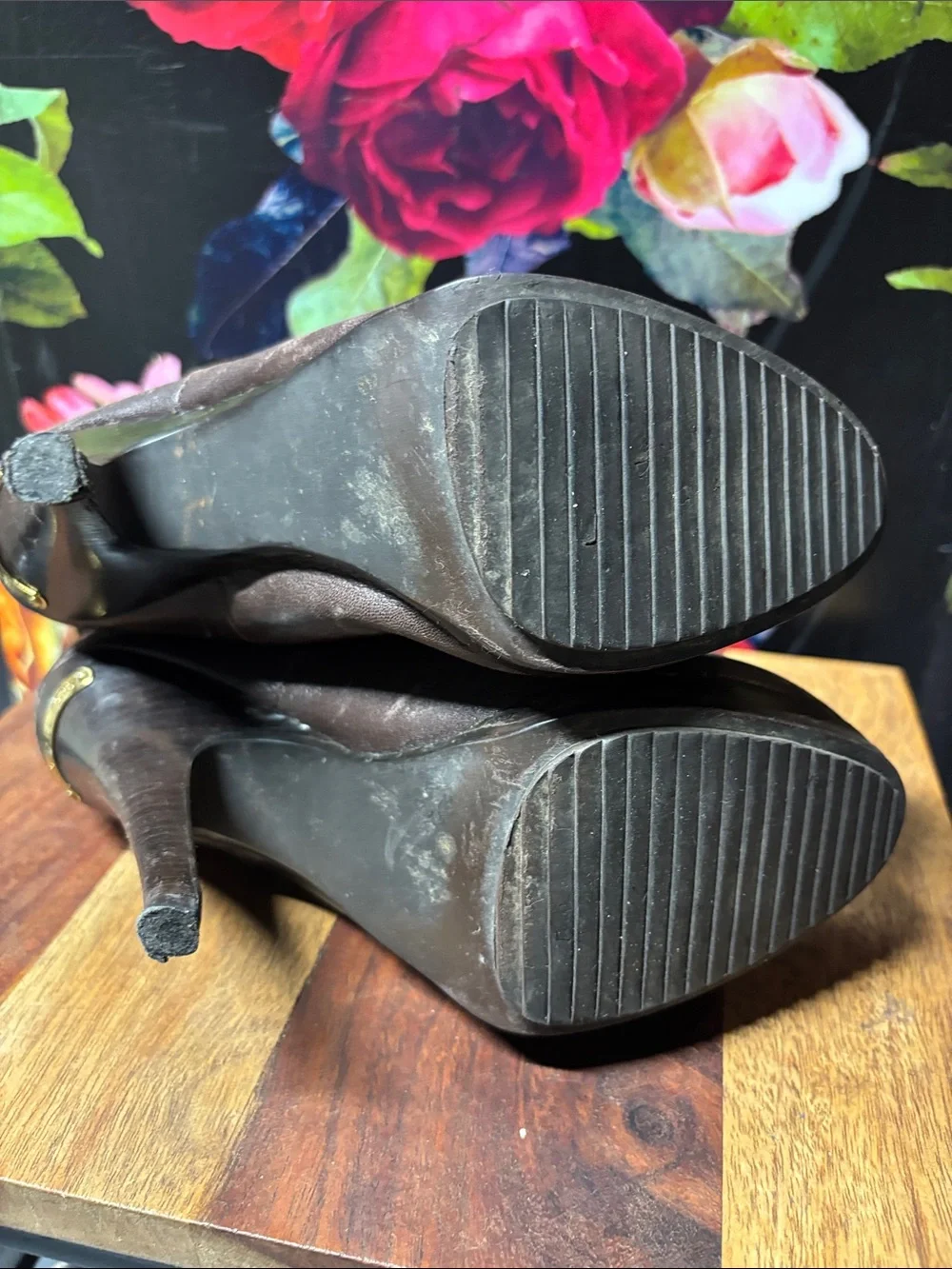Michael Kors Dark Brown Leather Vintage Slouch High Heel Ankle Boots